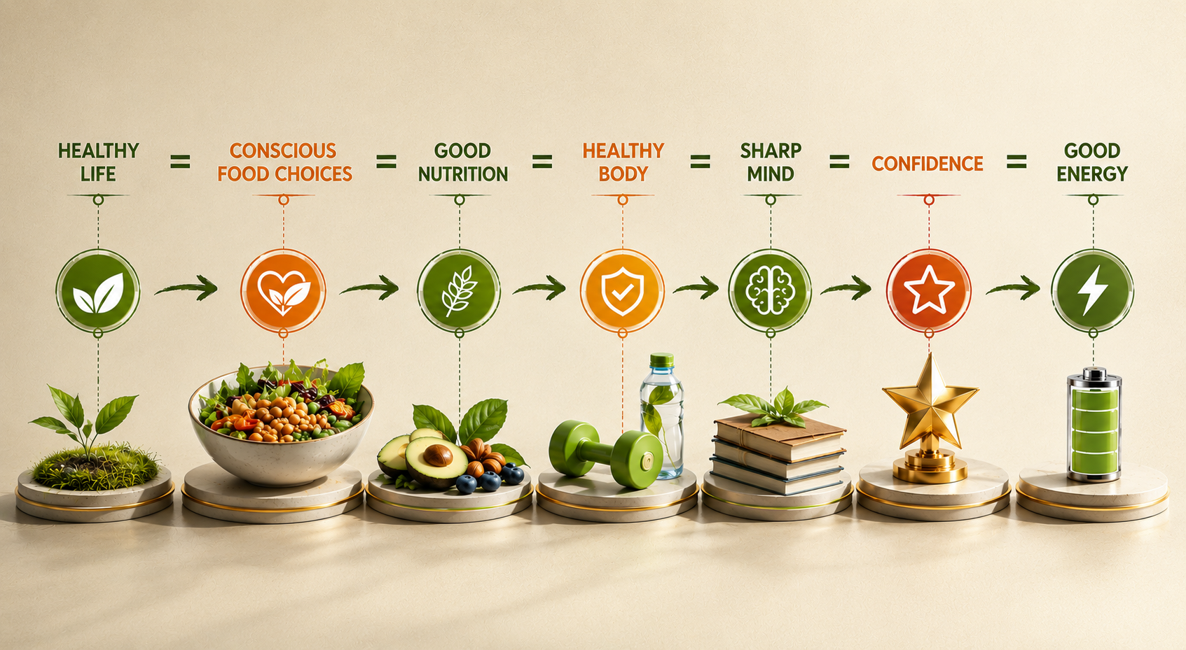 Healthy life = Conscious Food Choices = Good Nutrition = Healthy Body = Sharp Mind = Confidence = Good Energy.